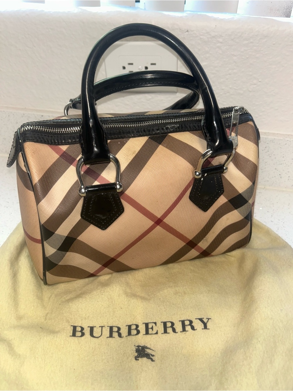 Burberry Classic Nova Check Satchel with Black Leather Handles